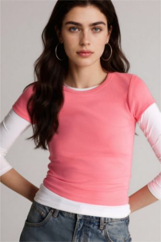 Kadın Pembe Kısa kollu Ribana Tişört