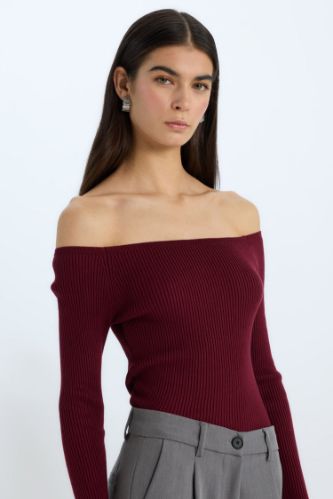Fitted Açık Omuz Basic Düz Bordo Triko Kazak
