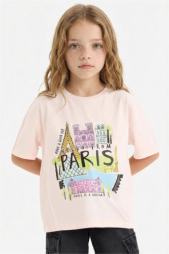 Girl Oversize Fit Crew Neck Slogan Printed T-shirt