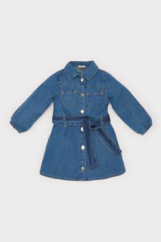 Kız Bebek Gömlek Yaka Uzun Kollu Kemerli Jean Elbise