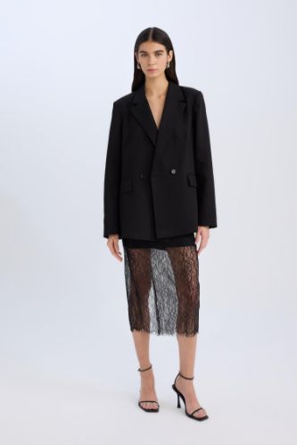 Slim Fit Dar Kesim Astarlı Midi Dantelli Etek