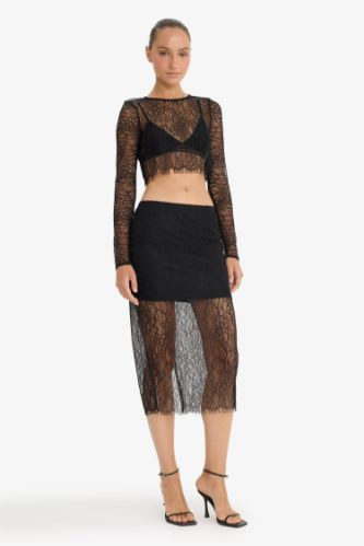 Slim Fit Dar Kesim Astarlı Midi Dantelli Etek