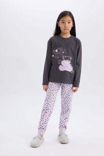 Kız Çocuk Pijama Takımı Baskılı Uzun Kollu Üst Esnek Belli Desenli Uzun Alt