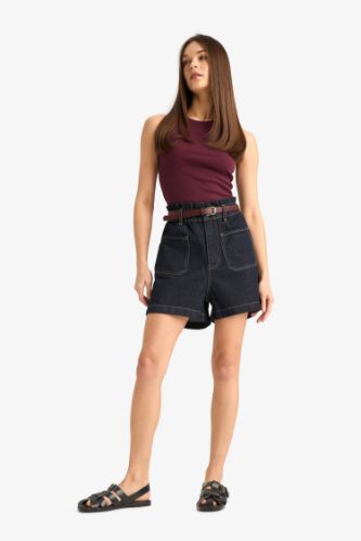 Paperbag High Waist Folded Leg Denim Shorts