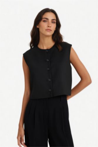 FEMME Noir Gilet basique à col ras du cou et à boutons plats
