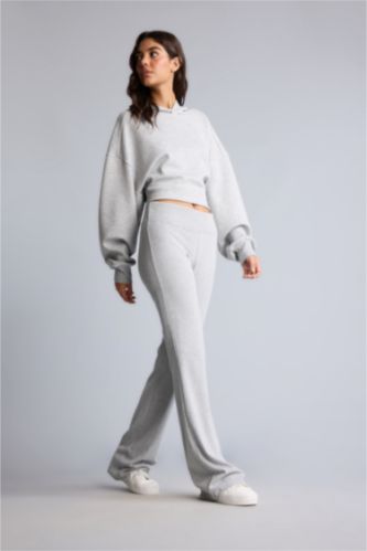 Kadın Gri Melanj Flare Fit Ribana Pantolon