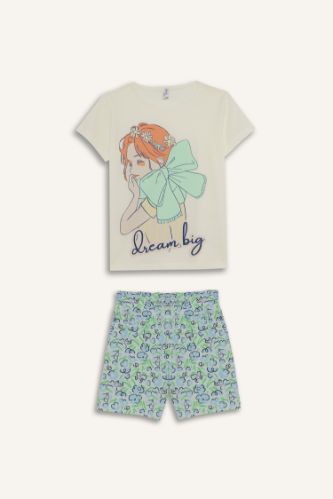 Kız Çocuk Pijama Takımı Baskılı Kısa Kollu Üst Beli Lastikli Şort