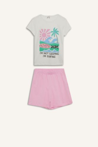 Kız Çocuk Pijama Takımı Baskılı Kısa Kollu Üst Beli Lastikli Şort