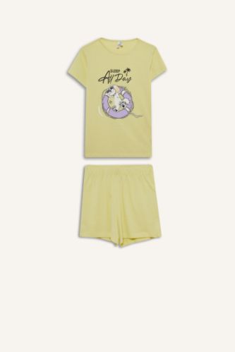 Kız Çocuk Pijama Takımı Baskılı Kısa Kollu Üst Beli Lastikli Şort