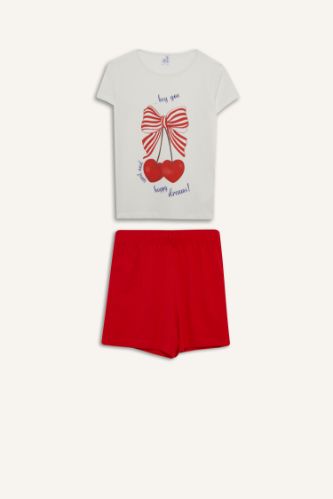 Kız Çocuk Pijama Takımı Baskılı Kısa Kollu Üst Beli Lastikli Şort