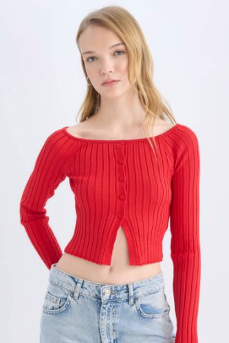 Fitted Açık Omuz Crop Kırmızı Triko Kazak