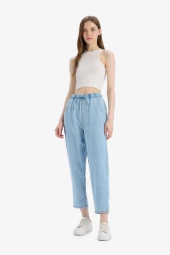 Pull On Paperbag Yüksek Bel Düz Paça Uzun Yumuşak Jean Pantolon