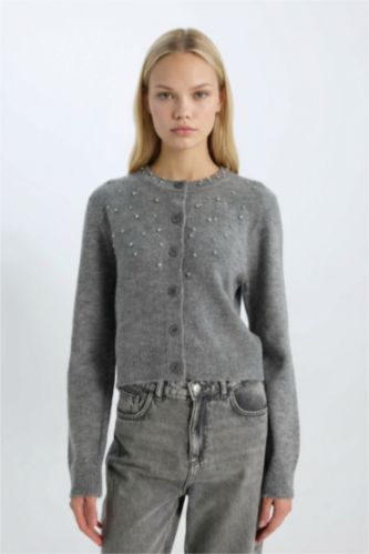 Regular Fit Bisiklet Yaka Düğmeli Taşlı Triko Hırka