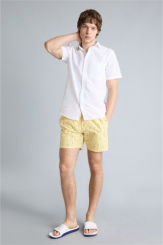 Erkek Sarı Çizgili File Astarlı Kısa Boy Deniz Şortu