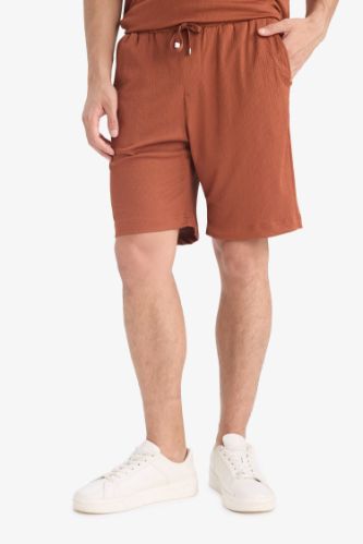 Regular Fit Beli Bağcıklı Krinkıl Bermuda Şort
