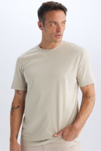 Erkek Taş New Regular Fit Bisiklet Yaka Basic Düz Kısa Kollu Tişört