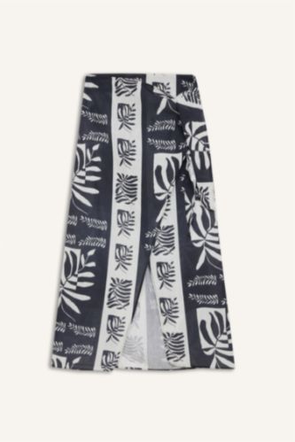 Kadın Siyah Regular Fit Tropikal Desenli Pamuklu Plaj Eteği