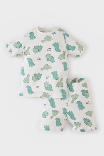 Erkek Bebek Pijama Takımı Dinazor Baskılı Kısa Kollu Penye Üst Beli Lastikli Şort