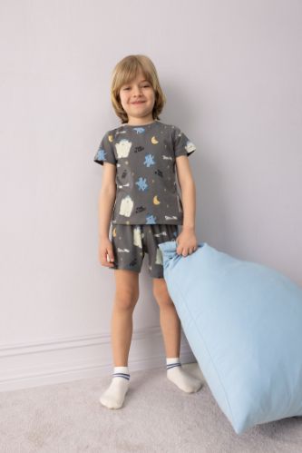 Erkek Bebek Pijama Takımı Desenli Kısa Kollu Penye Üst Beli Lastikli Şort
