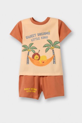 Erkek Bebek Pijama Takımı Aslan Baskılı Kısa Kollu Penye Pijama Üstü Esnek Belli Şort Pijama Altı
