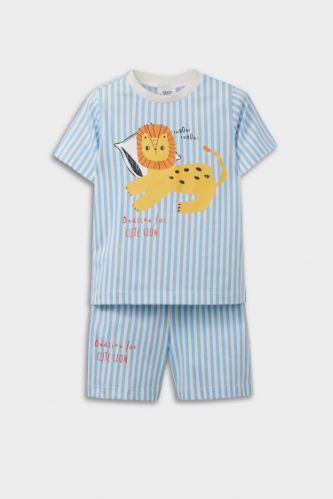 Erkek Bebek Pijama Takımı Çizgili Aslan Baskılı Kısa Kollu Penye Üst Beli Lastikli Şort