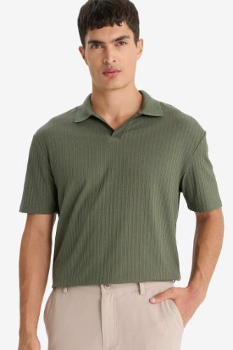 Regular Fit Krinkıl Dikey Dokulu Hafif Kumaş Polo Yaka Kısa Kollu Tişört