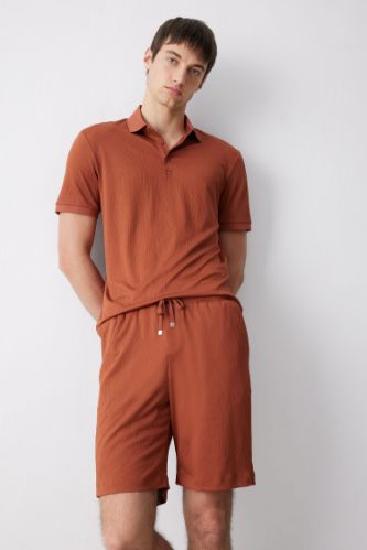 Slim Fit Dar Kesim Dokulu Kısa Kollu Krinkıl Polo Tişört