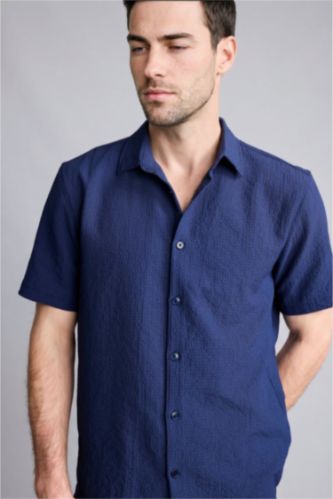 Erkek Lacivert Regular Fit Kısa kollu Kırışık dokulu Gömlek