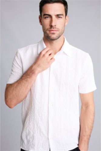 Erkek Kırık Beyaz Regular Fit Kısa kollu Kırışık dokulu Gömlek