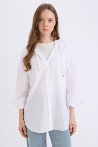 Relax Fit Kapüşonlu Basic Düz Poplin Uzun Kollu Beyaz Gömlek Tunik