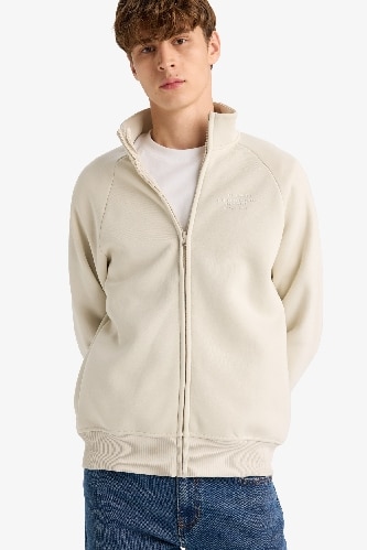 Boxy Fit Dik Yaka Baskılı İçi Yumuşak Tüylü Cepli Fermuarlı Sweatshirt