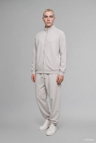 Erkek Taş Boxy Fit Baskılı Sweatshirt Hırka