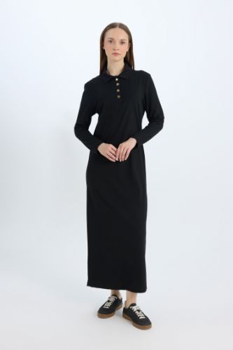 Regular Fit Gömlek Yaka Basic Düz Uzun Kollu Pike Maxi Elbise