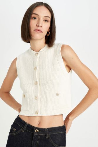 Regular Fit Crop Düğmeli Klasik Yelek