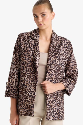 Loose Fit Ceket Yaka Leopar Desenli Blazer Ceket