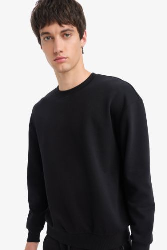 Boxy Fit Bisiklet Yaka Basic Düz Pike Sweatshirt