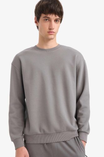 Boxy Fit Bisiklet Yaka Basic Düz Pike Sweatshirt