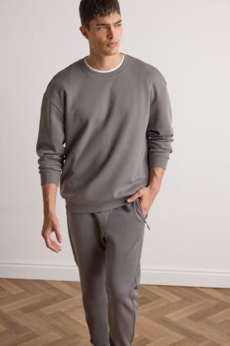 Boxy Fit Bisiklet Yaka Basic Düz Pike Sweatshirt