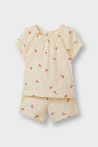 Kız Bebek Pijama Takımı Çiçekli Kısa Kollu Ribana Üst Beli Lastikli Şort