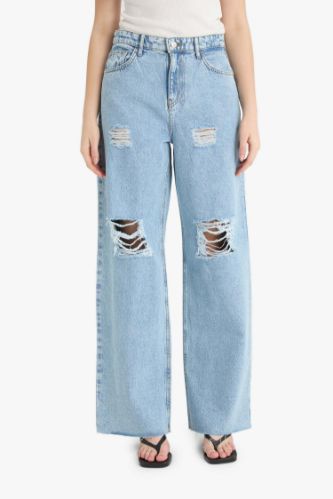 90's Wide Leg Yırtık Detaylı Yüksek Bel Geniş Paça Uzun Jean Pantolon