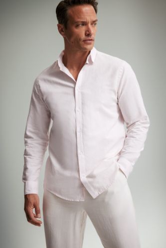 Regular Fit Polo Yaka Keten Yazlık Uzun Kollu Gömlek