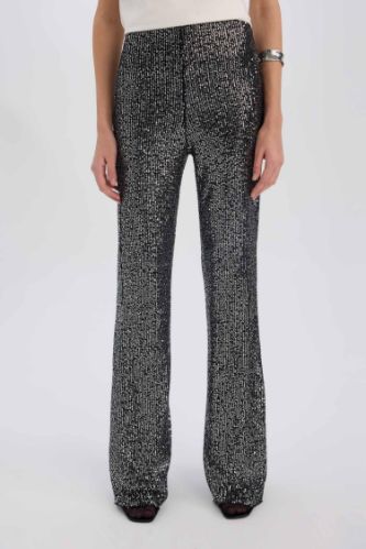 Siyah Şık Payetli Pantolon Flare Fit Yüksek Bel Standart Boy