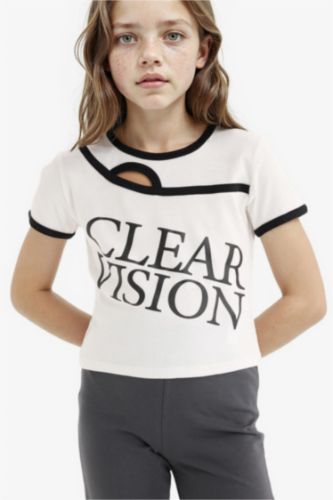 Girl Slim Fit Crew Neck Slogan Printed Corduroy T-Shirt