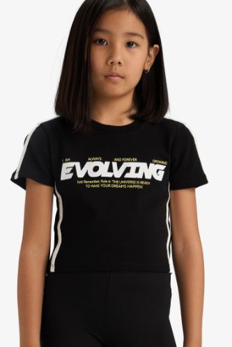 Kız Çocuk Slim Fit Dar Kesim Bisiklet Yaka Baskılı Fitilli Kaşkorse Kısa Kollu Tişört