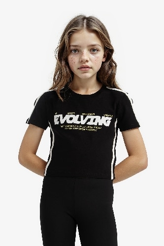 Kız Çocuk Slim Fit Dar Kesim Bisiklet Yaka Baskılı Fitilli Kaşkorse Kısa Kollu Tişört