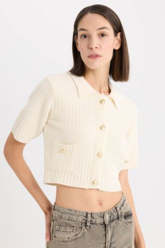 Cropped Fit Gömlek Yaka Düğmeli Triko Kısa Kollu Hırka