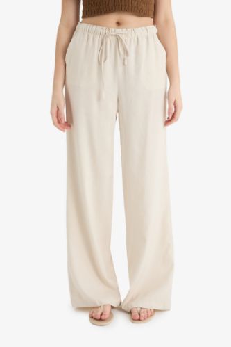 Wide Leg Çift Cepli Beli Lastikli Standart Boy Keten Karışımlı Pantolon