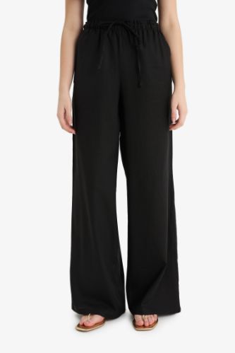 Wide Leg Çift Cepli Beli Lastikli Standart Boy Keten Karışımlı Siyah Pantolon