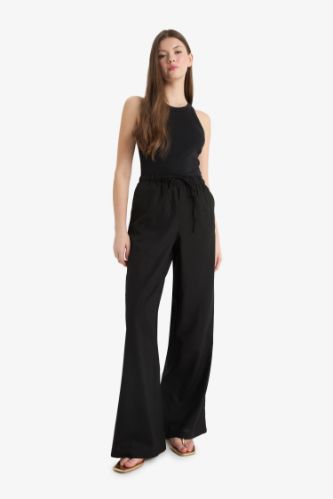 Wide Leg Çift Cepli Beli Lastikli Standart Boy Keten Karışımlı Siyah Pantolon