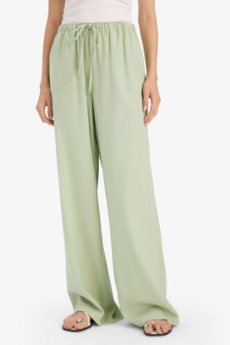 Wide Leg Çift Cepli Beli Lastikli Standart Boy Keten Karışımlı Pantolon